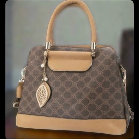 Chic Brown Patterned Satchel with Tan Accents - Picture 2 of 4